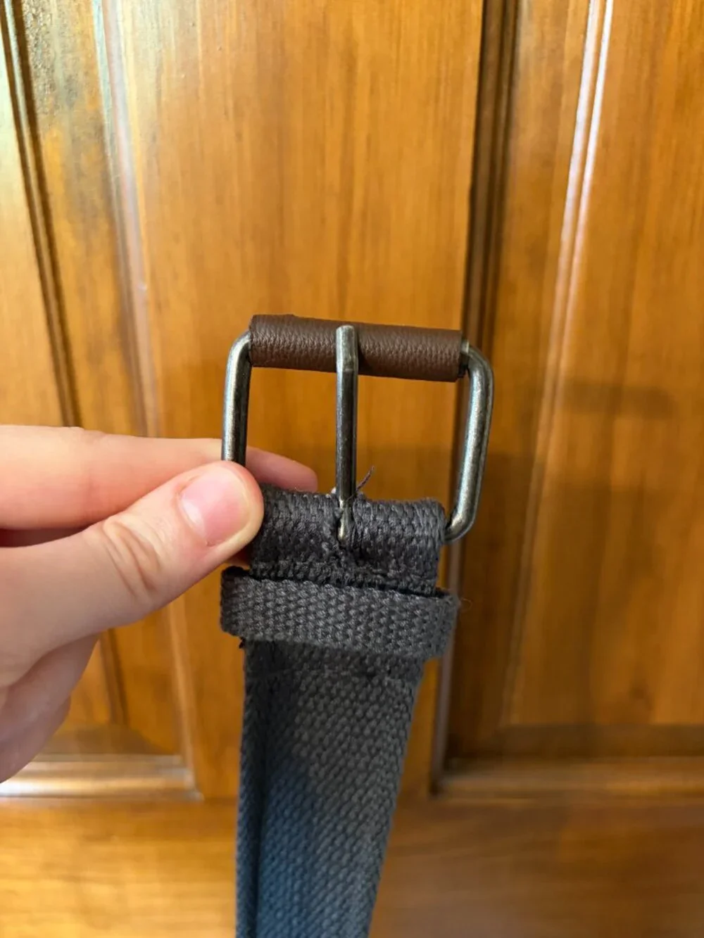 Charcoal Gray Canvas Web Belt Gunmetal Buckle Faux Leather Trim Size 32